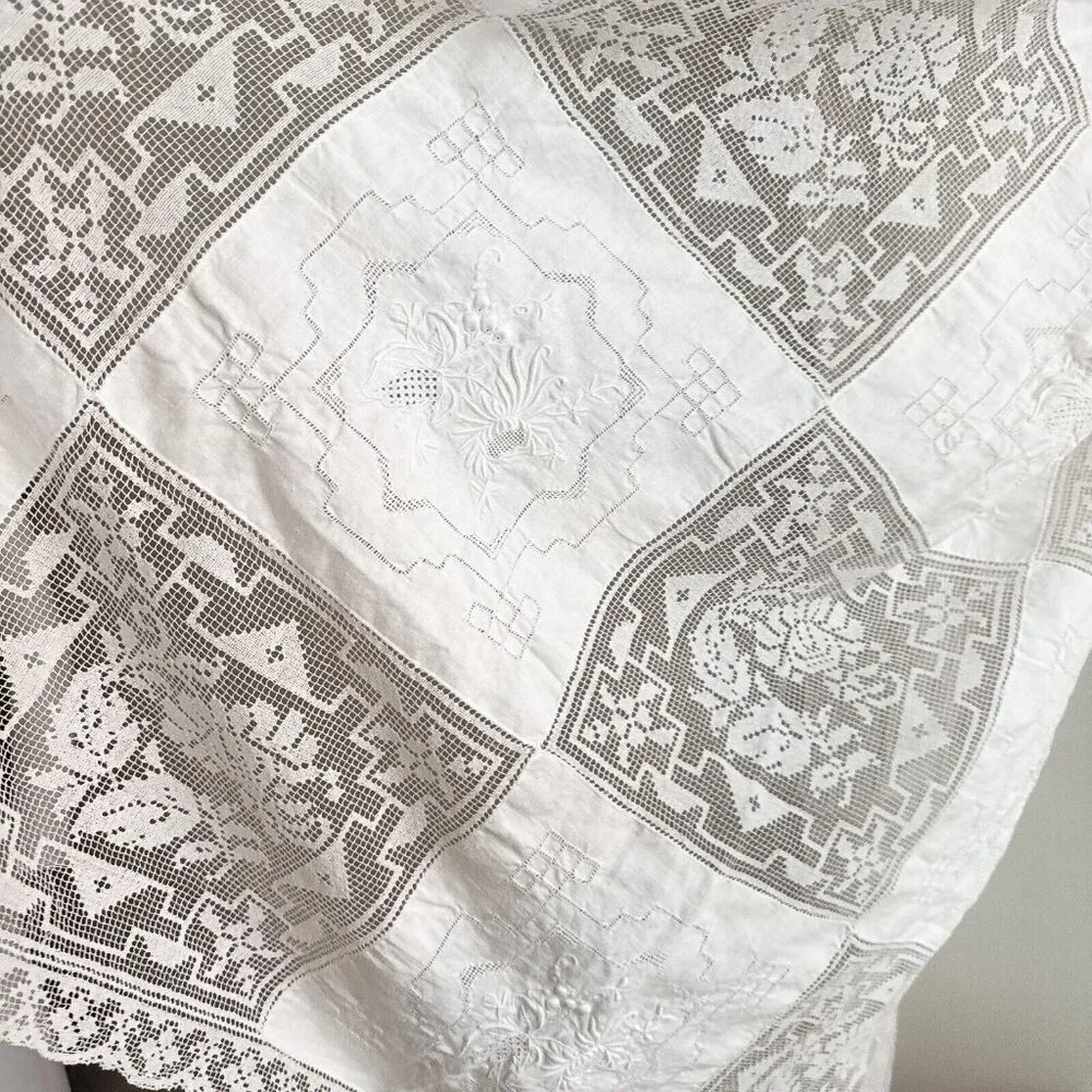 Vintage White Cotton Crochet Lace Embroidered Squares Table Covering Cloth